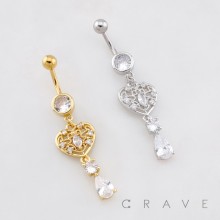 FILIGREE HEART DANGLE BELLY BUTTON NAVEL RING 316L SURGICAL STEEL